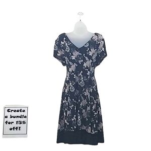 Connected Apparel A-Line Dress Floral Polka Dot Print Knee Length Short Sleeve